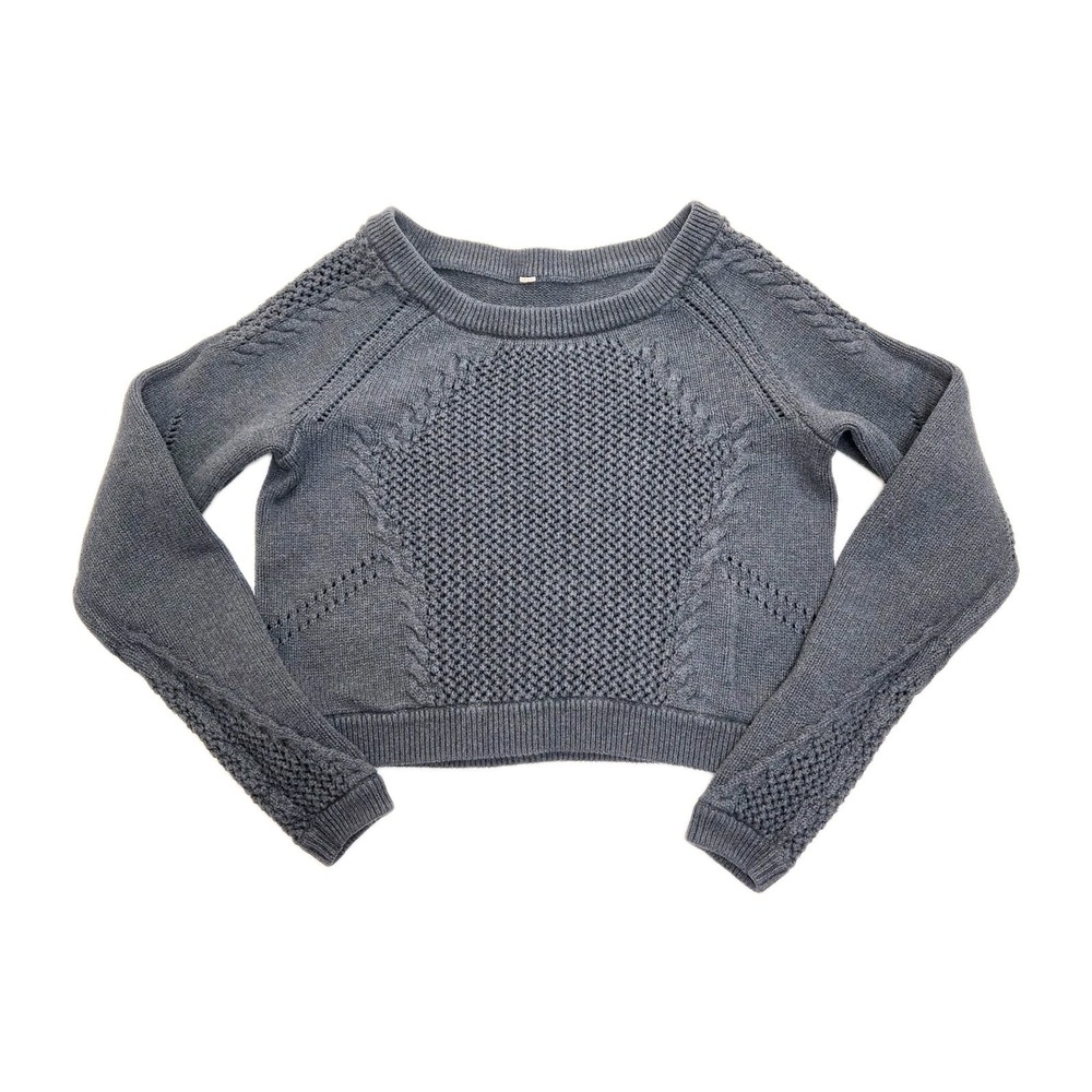 Lululemon Crochet Crop Off Shoulder Sweater Be Present Pullover Grey Knit Size 6